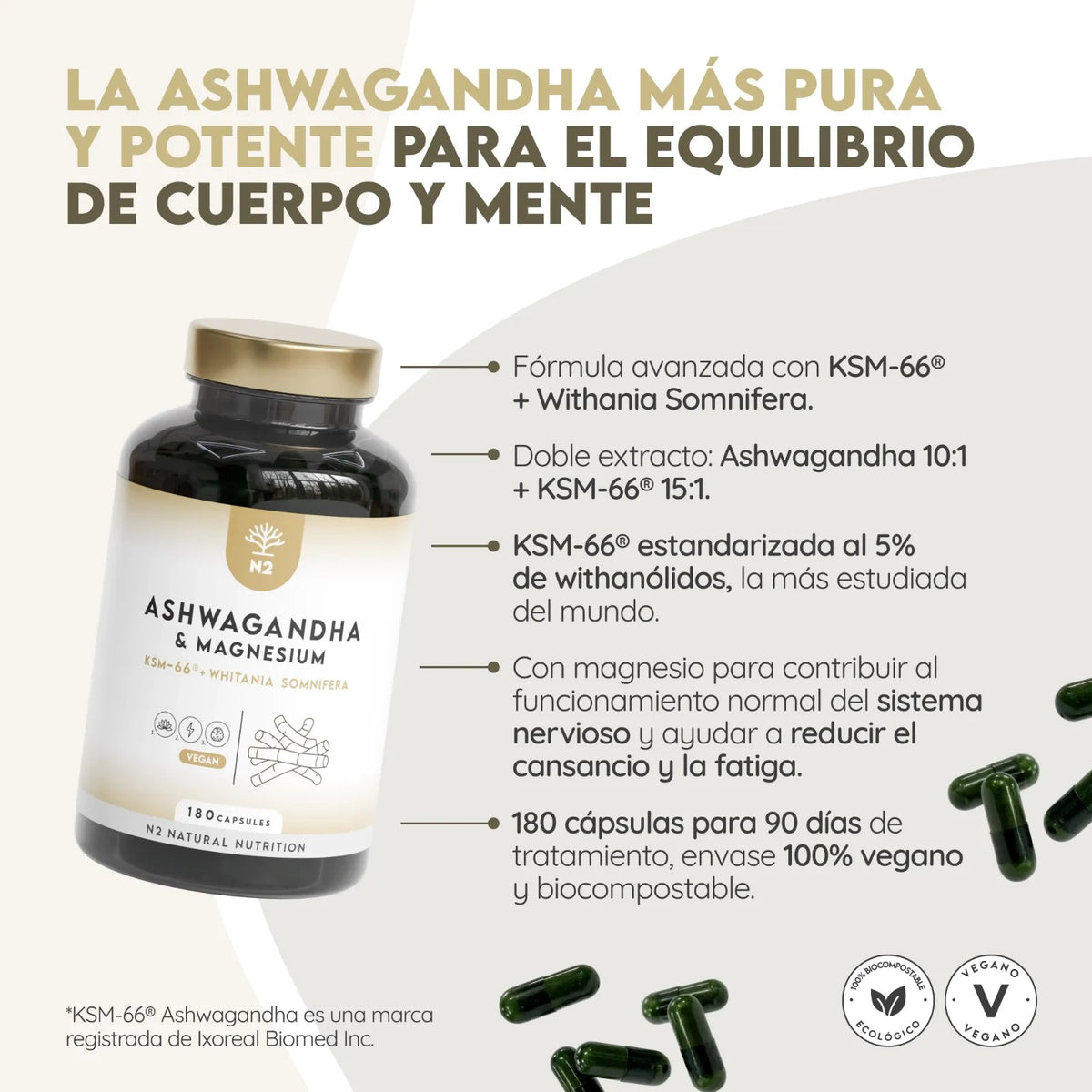 Ashwagandha KSM-66 90 días Relajación N2 Natural Nutrition 180 cápsulas