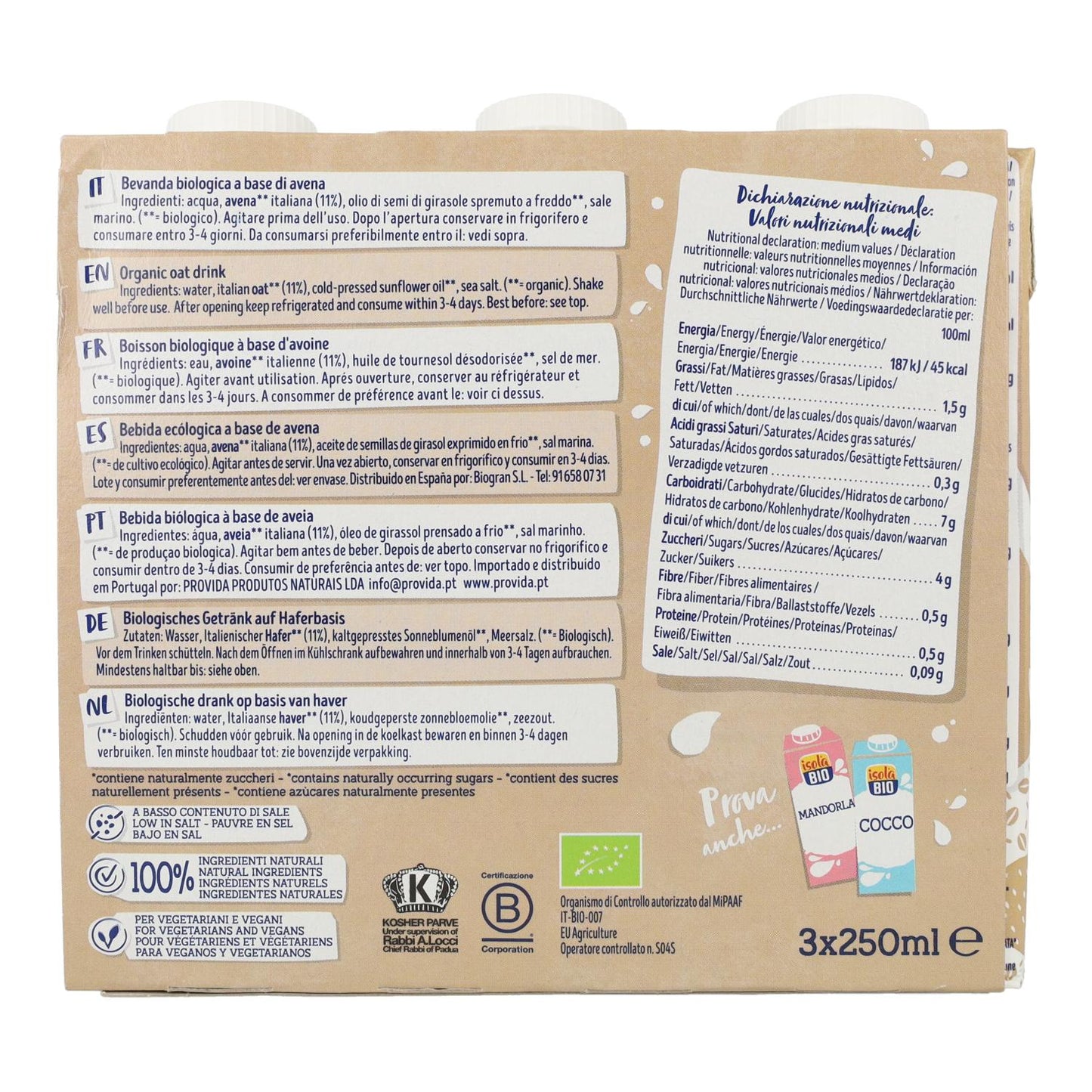 Pacote de Bebidas de Aveia On the Go Bio Isola Bio 250 ml x 3 unidades