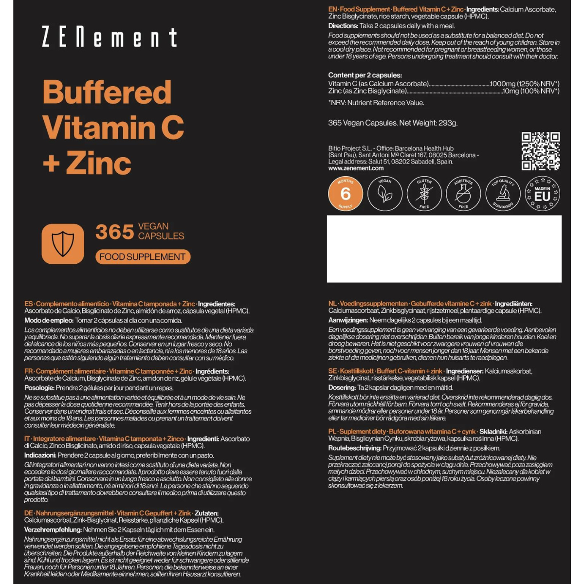 Vitamina C tamponada + zinco Zenement 365 cápsulas vegan
