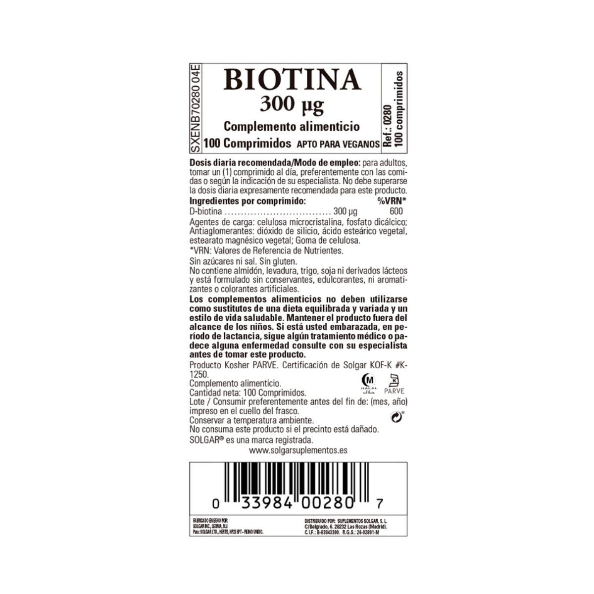 Biotina, 100 comprimidos de 300 μg