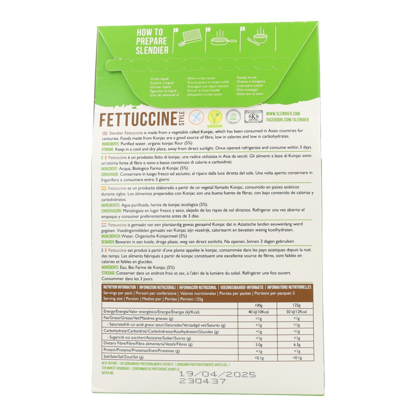 Fettuccine Konjac orgânico Slendier 250 g