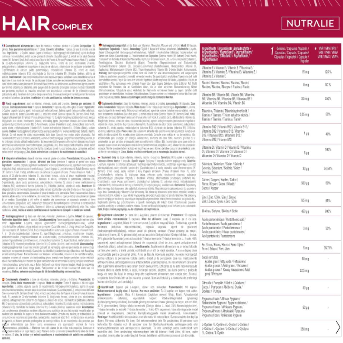 Nutralie Hair Complex + Biotina e Zinco Vitaminas para o Cabelo 90 cápsulas
