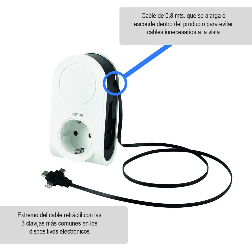 Adaptador com 3 pinos USB e um cabo roll-up + 1 porta USB A + 1 tomada 16A Simon