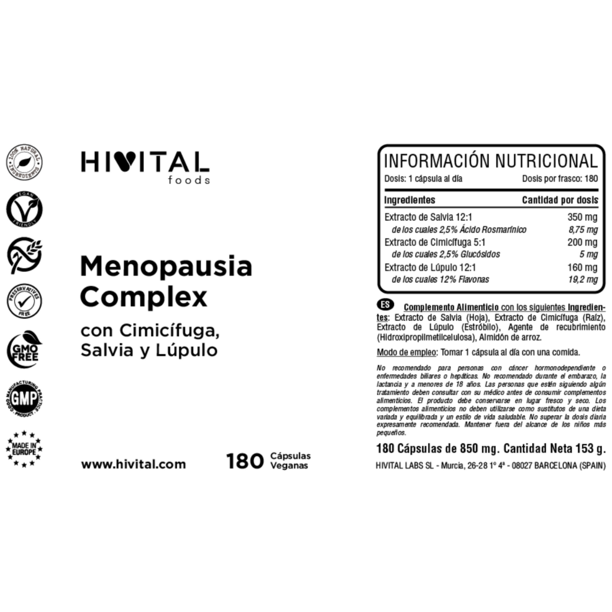 Menopausa Complex Hivital 180 cápsulas vegan