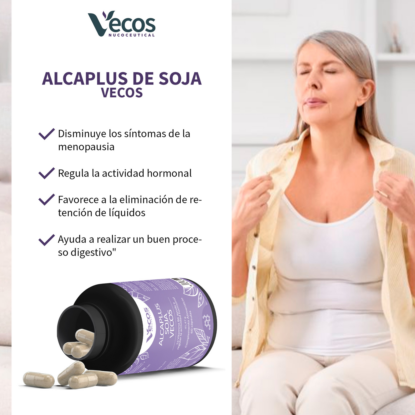 Alcaplus Soja Vecos 60 Cápsulas | Menopausia, Digestión Y Equilibrio Hormonal | Isoflavonas + Vitamina B6_3