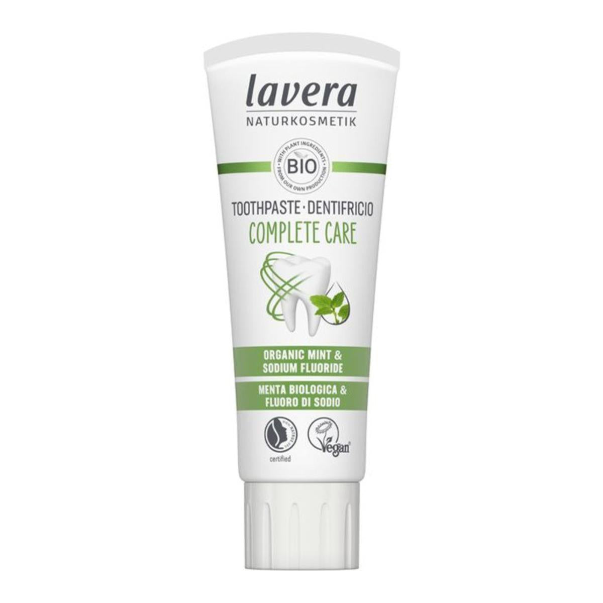 Pasta de dentes de cuidado completo com flúor de menta orgânico e fluoreto de sódio, Lavera 75 ml