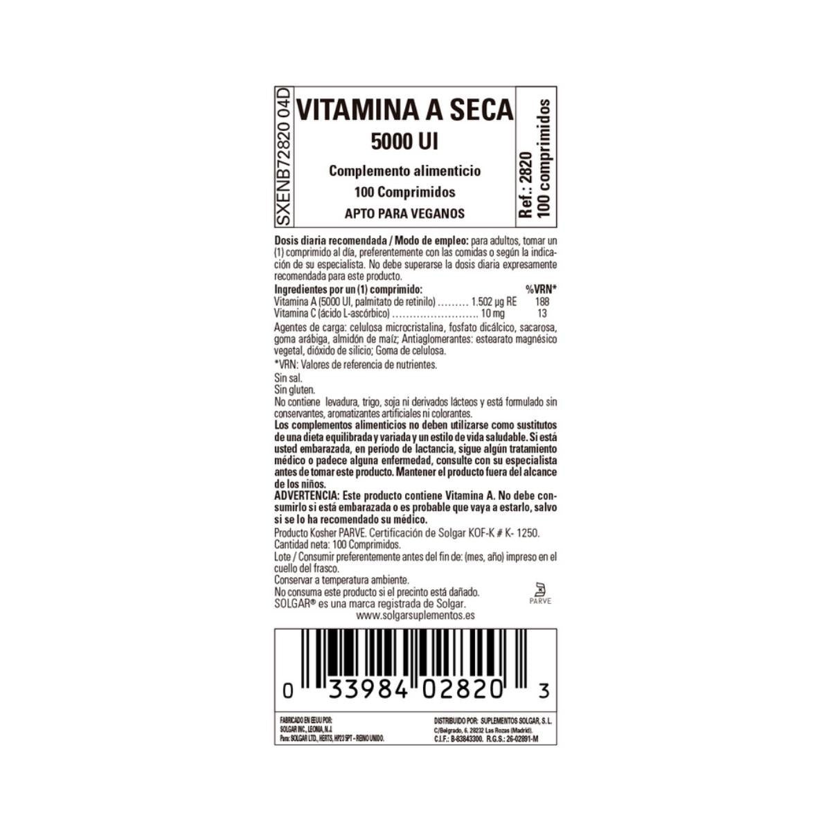 Vitamina A seca 5000 UI palmitato, 100 comprimidos (5000 UI)