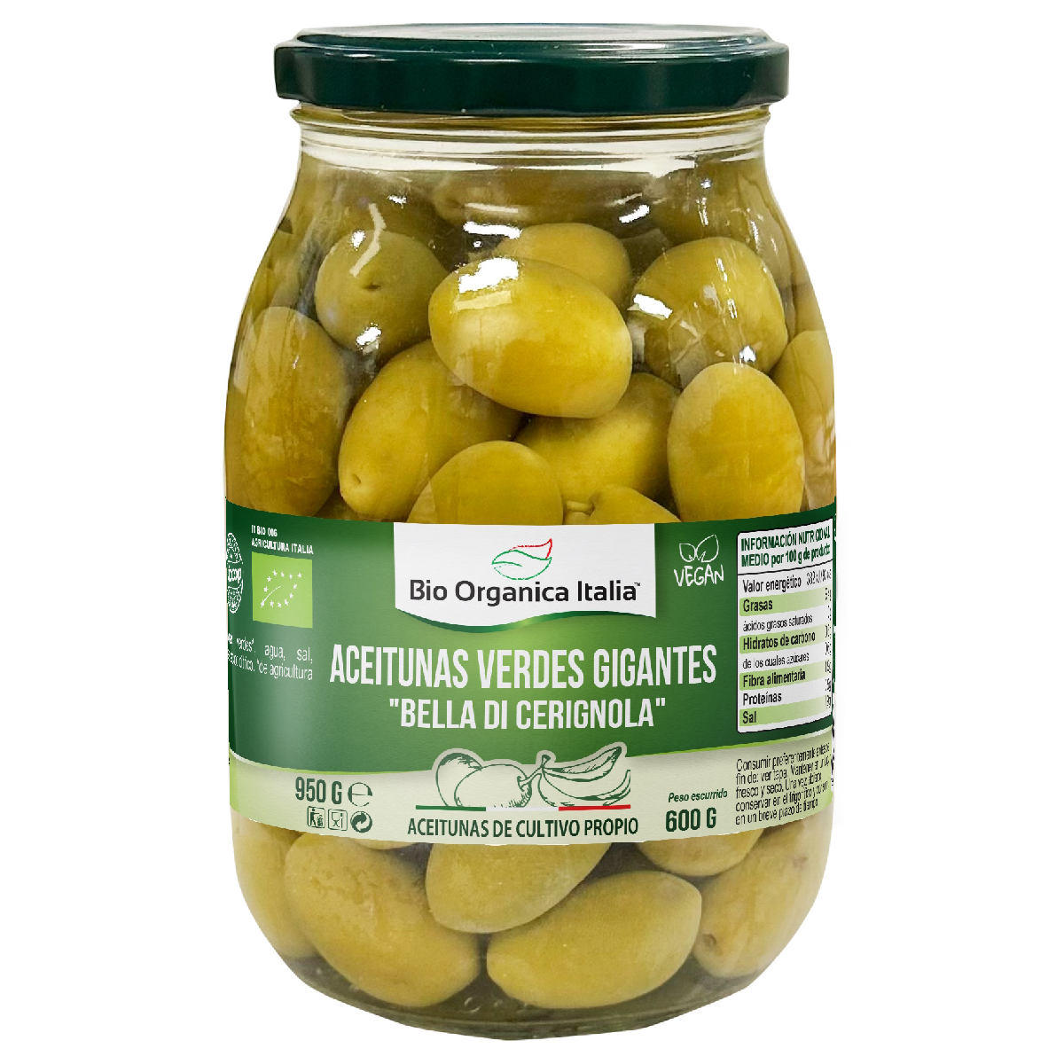 Azeitonas Verdes Gigantes Bio Organica Itália 950 gr