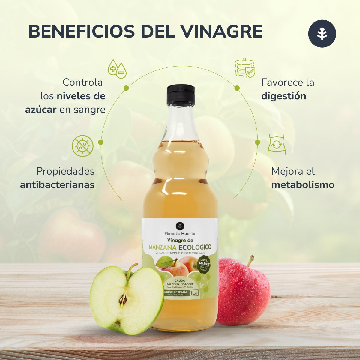 Vinagre de maçã cru biológico não filtrado com a mãe Planeta Huerto 1L