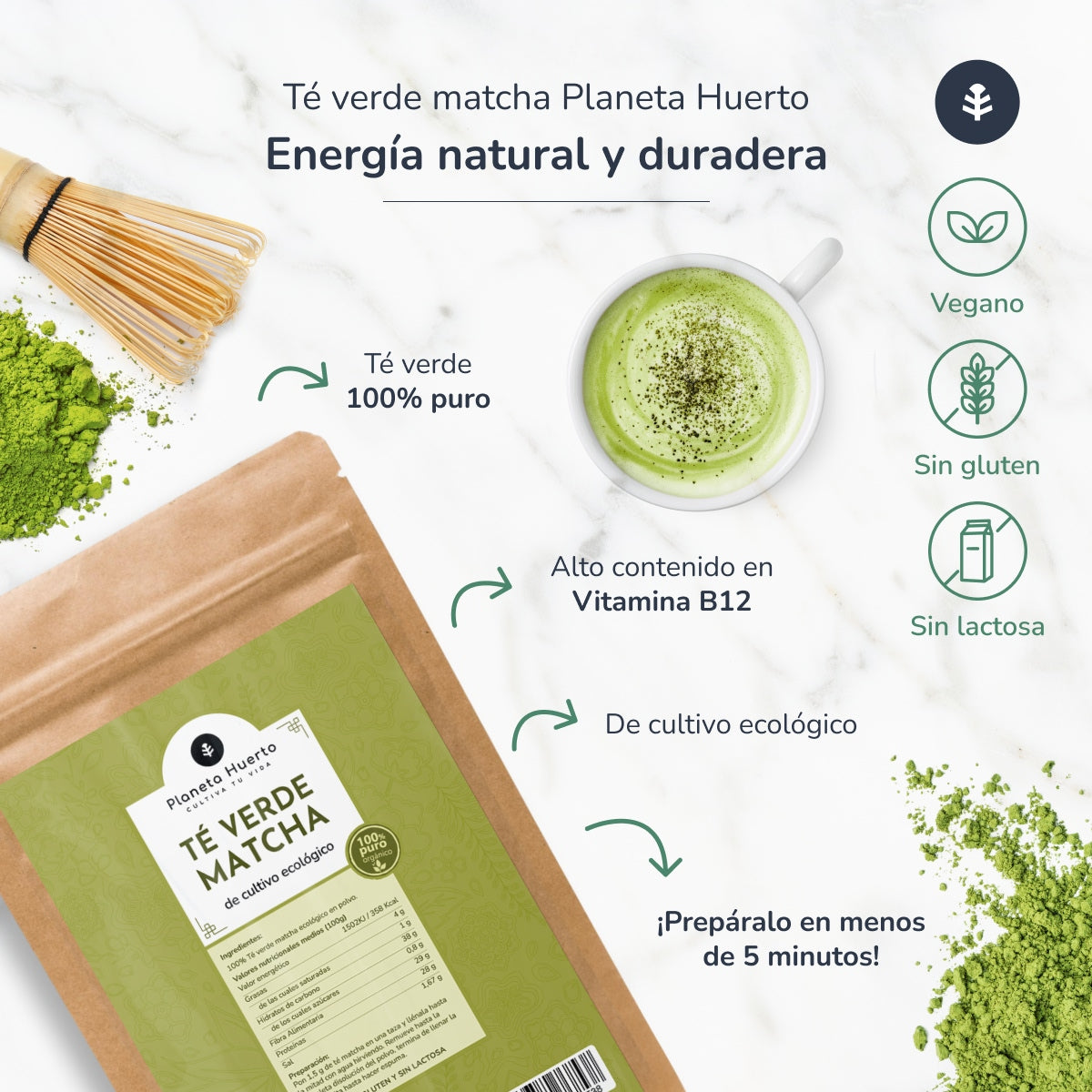 Pack de 3 Chás Matcha em Pó ECO Planeta Huerto 70 g