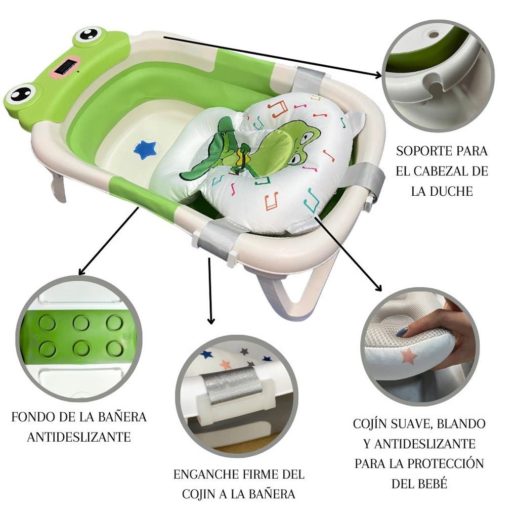 Bathby Bañera Plegable Para Bebés Recién Nacidos, Cojín Rana, Termómetro, Patas Antideslizantes (verde Rana)