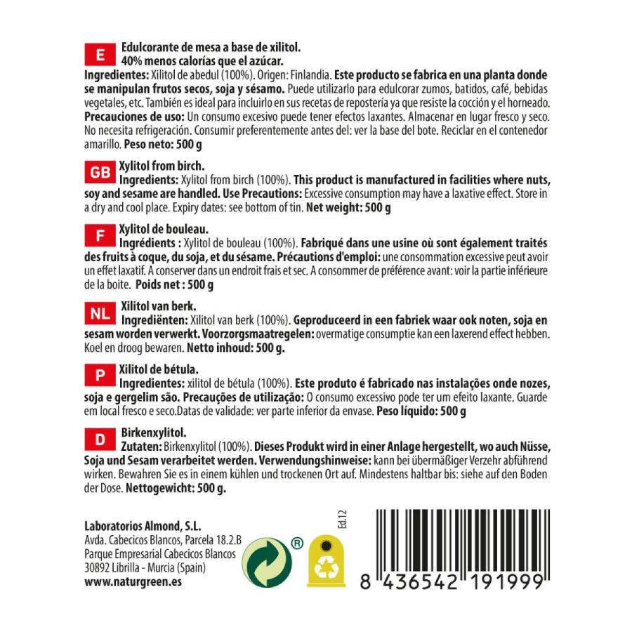 Embalagem de 2 unidades de Xilitol Açúcar de Bétula Naturgreen 2 unidades de 500 g