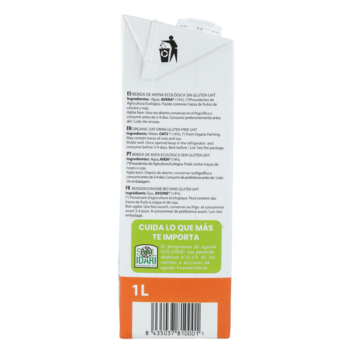 Pack de 4 Bebidas de Aveia Biológica Sem Glúten Sol Natural 1 L