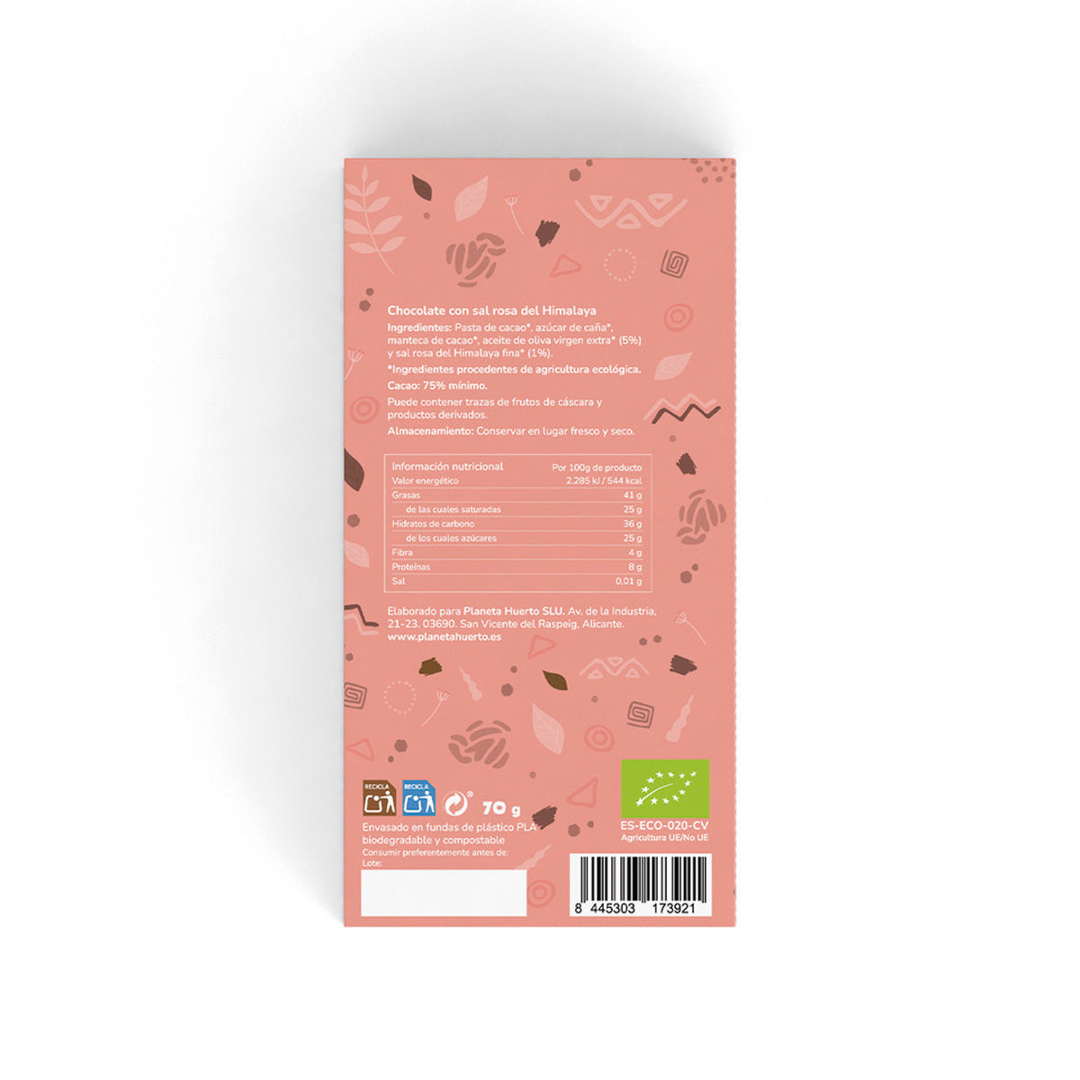 Barra de Chocolate 75% com Sal Rosa dos Himalaias ECO Planeta Huerto 70g