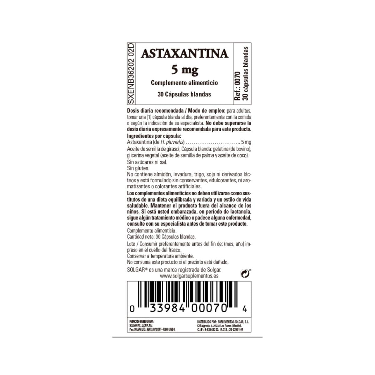 Astaxantina, 30 cápsulas de 5 mg