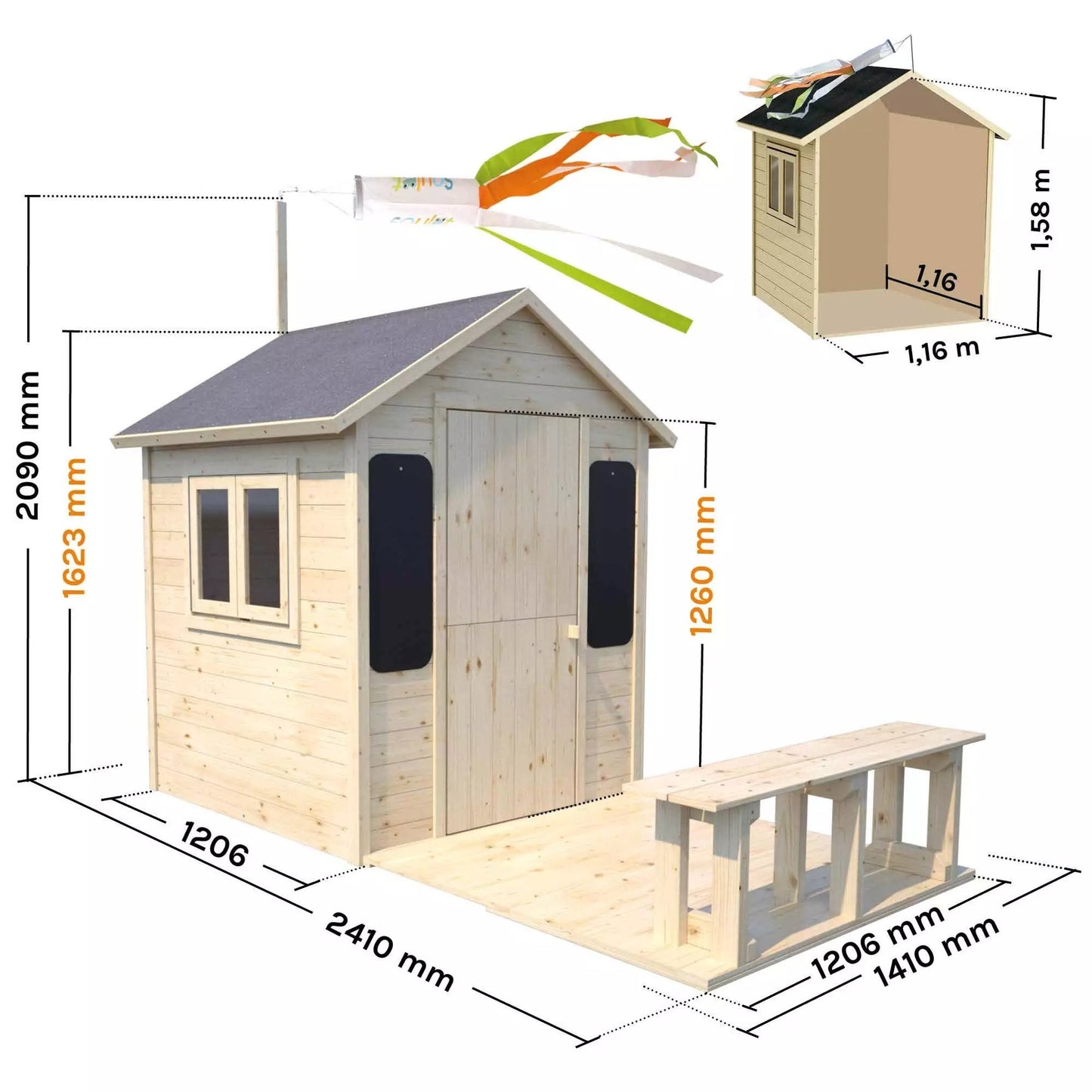 Casa de brincar infantil de madeira Grace Soulet com terraço e banco