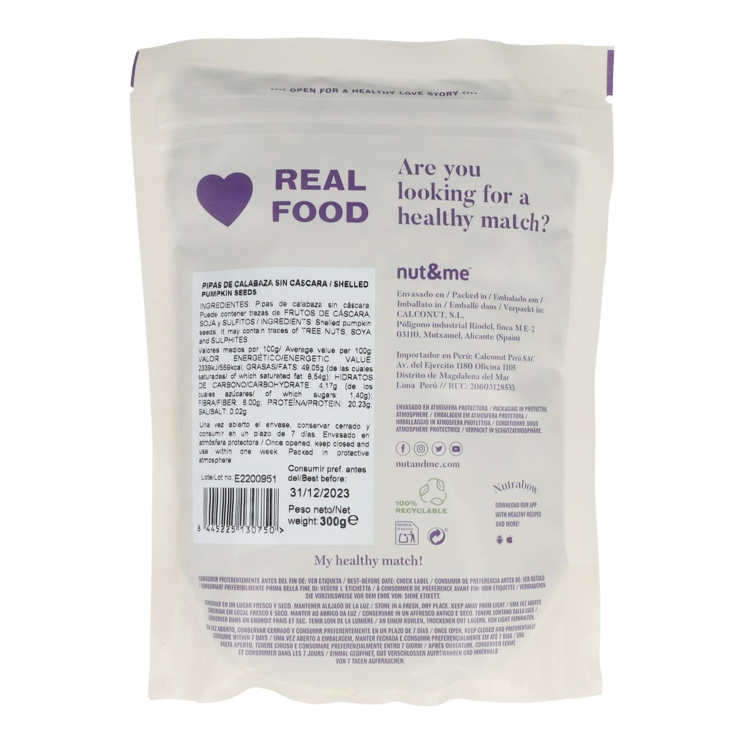 Sementes de abóbora descascadas Nut&me 300g