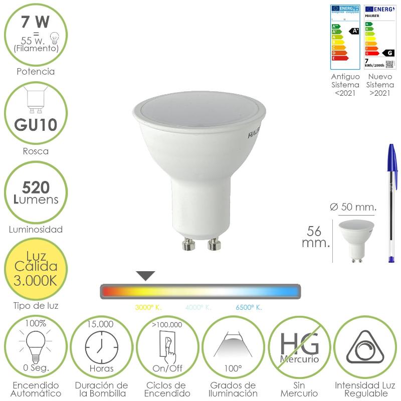Bombilla Led Dicroica Rosca Gu10. 7 Watt. Equivale A 55 Watt. 520 Lumenes. Regulable Luz Cálida (3000º K.)_0