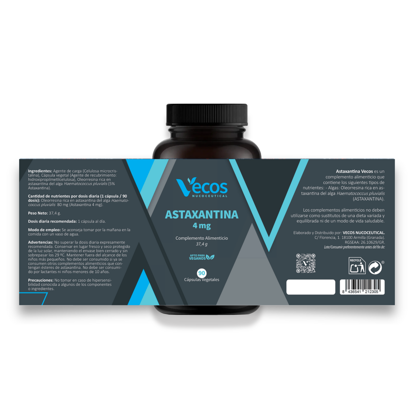 Astaxantina Natural 4 mg VECOS (90 cápsulas) | Protección antioxidante potente | Microalga Haematococcus pluvialis_4