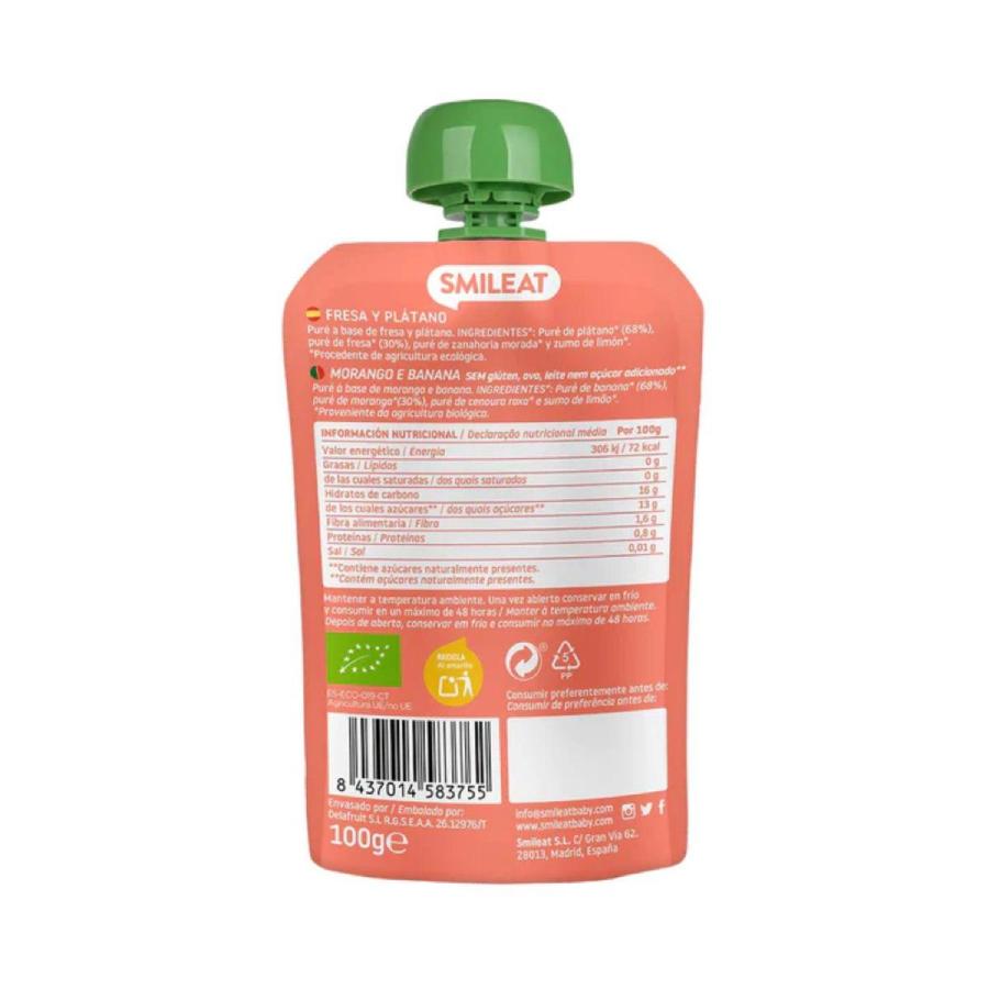 Embalagem de 2 saquetas Smileat ECO morango e banana, 100 g