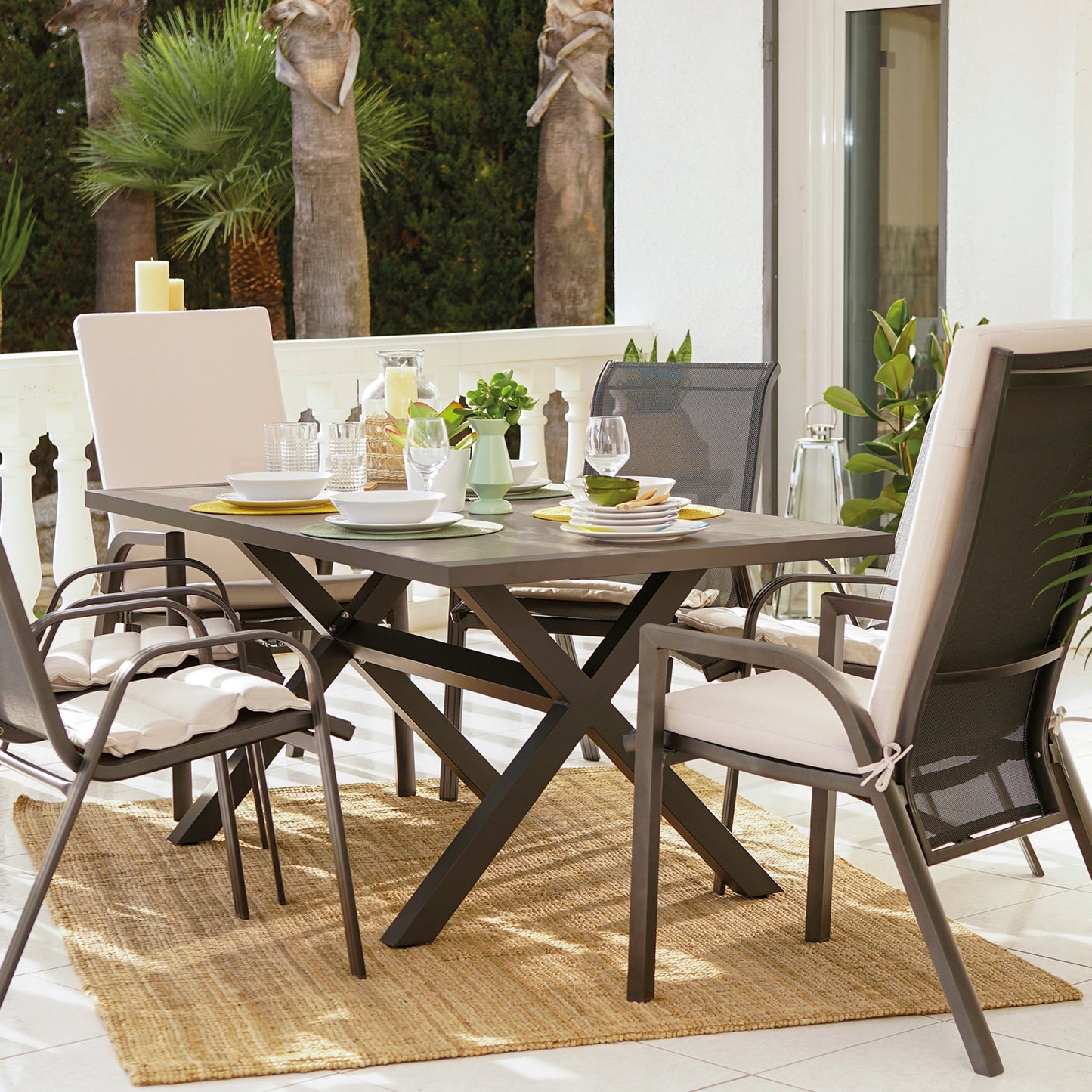 Conjunto Mesa Y Sillas De Jardín, Aluminio Reforzado Color Antracita, Mesa 180 Cm + 6 Sillones, Patas En Forma De X_4