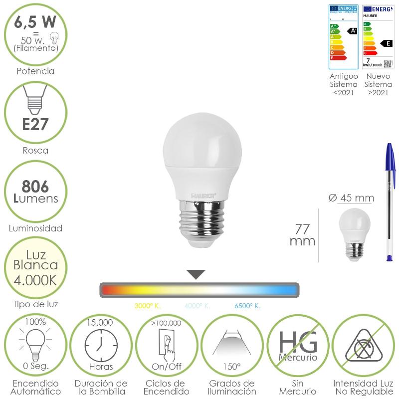 Bombilla Led Esfera Rosca E27. 6.5 Watt. Equivale A 50 Watt. 806 Lumenes. Luz Neutra 4000º K._0