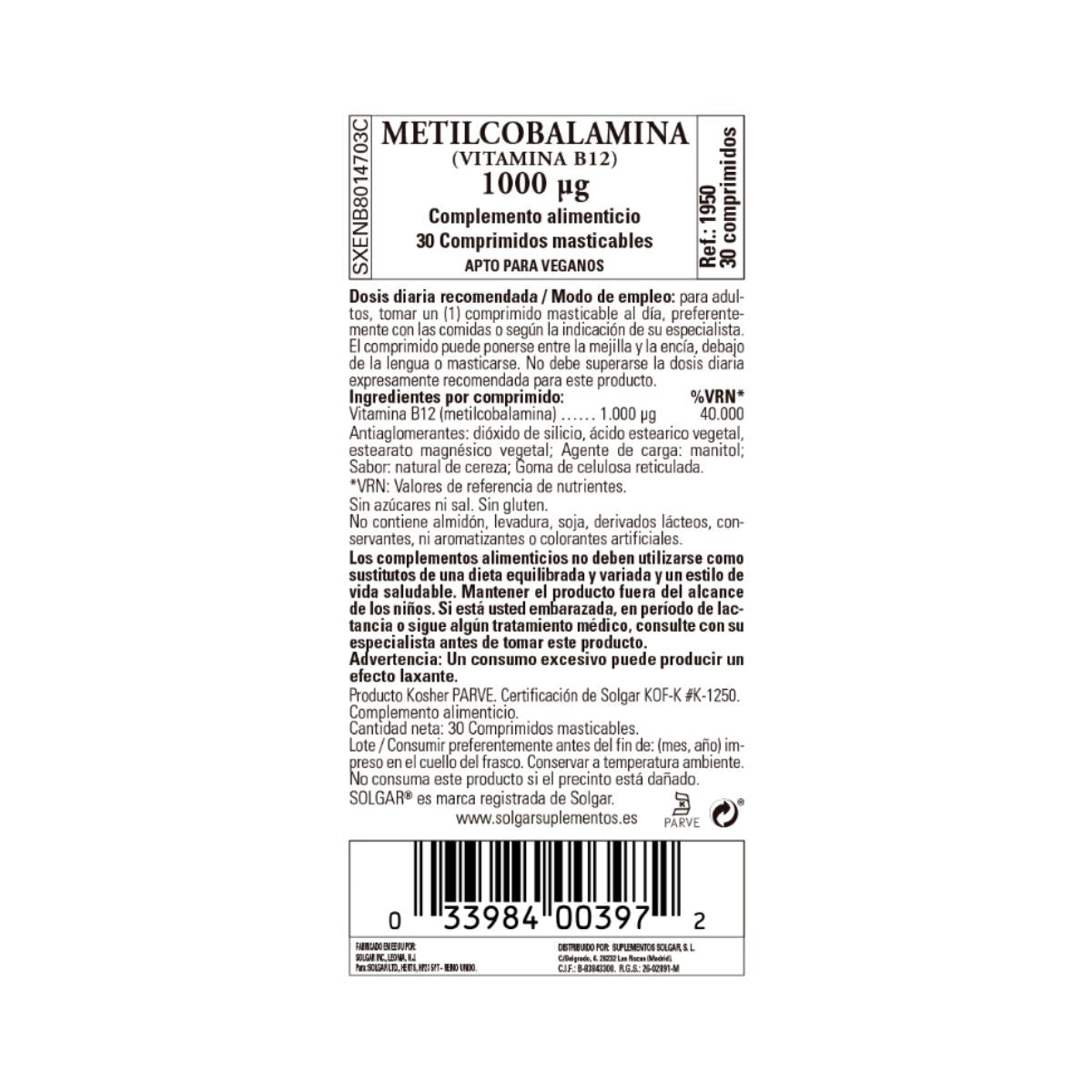 Vitamina B12 Metilcobalamina, 30 comprimidos sublinguais de 1000μg