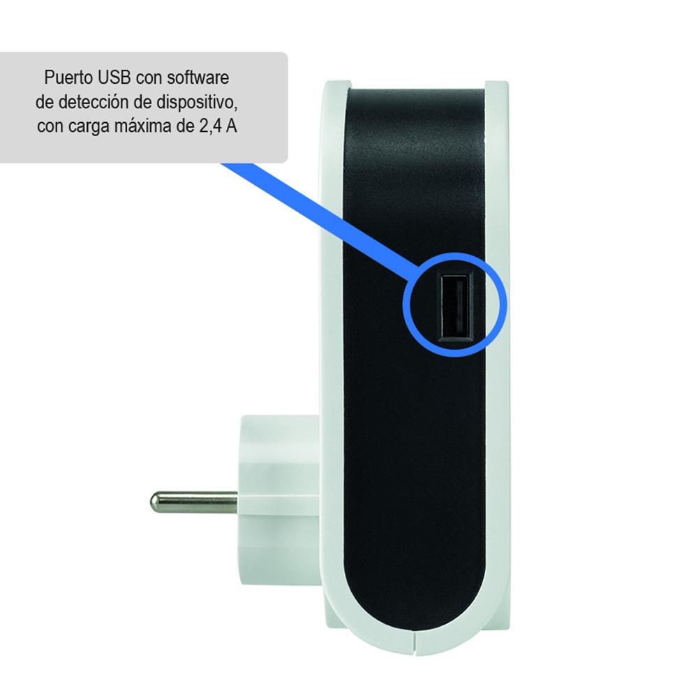Adaptador com 3 pinos USB e um cabo roll-up + 1 porta USB A + 1 tomada 16A Simon