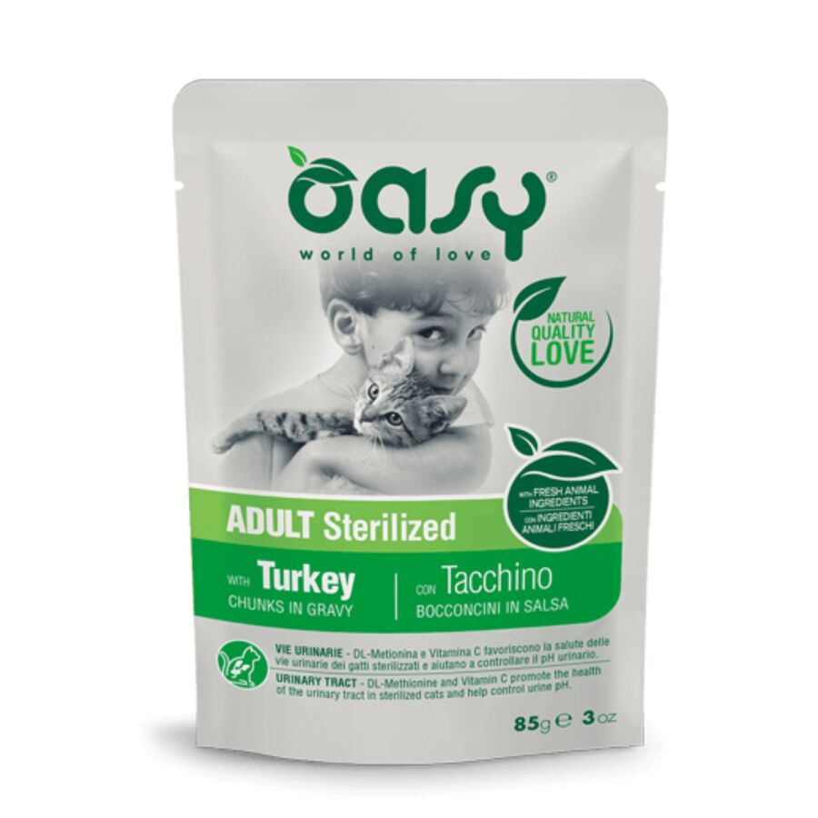13 Sobres De Comida Oasy Trozos En Salsa Para Gato Esterilizado De Pavo 12x85g_0