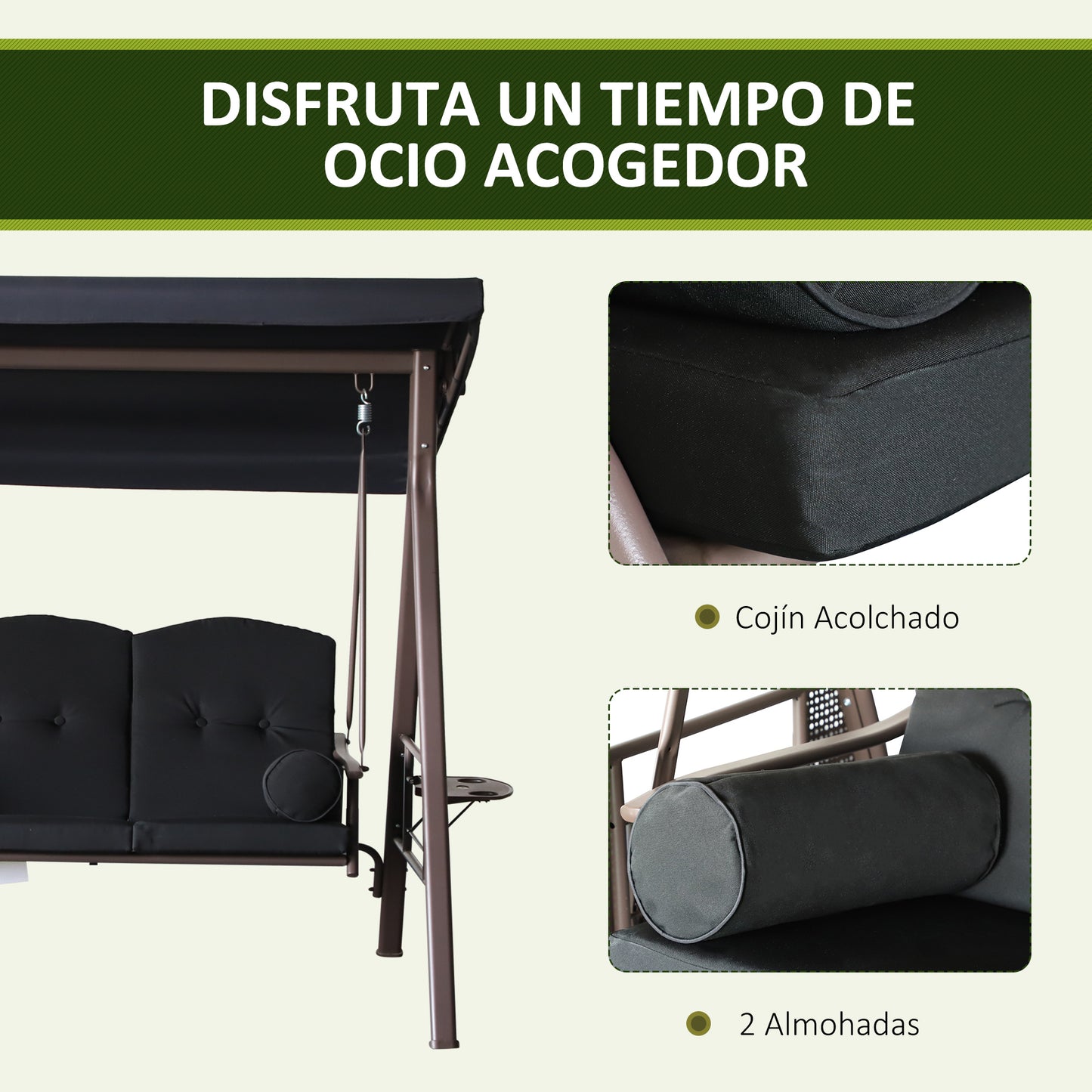 Outsunny Columpio De Jardín Exterior De 3 Plazas Con Toldo Ajustable Negro_5