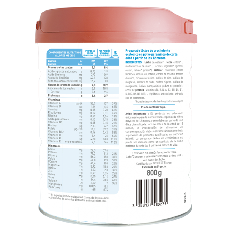 Embalagem de 3 unidades de Leite de Crescimento Babybio Organic Primea 3 800 g