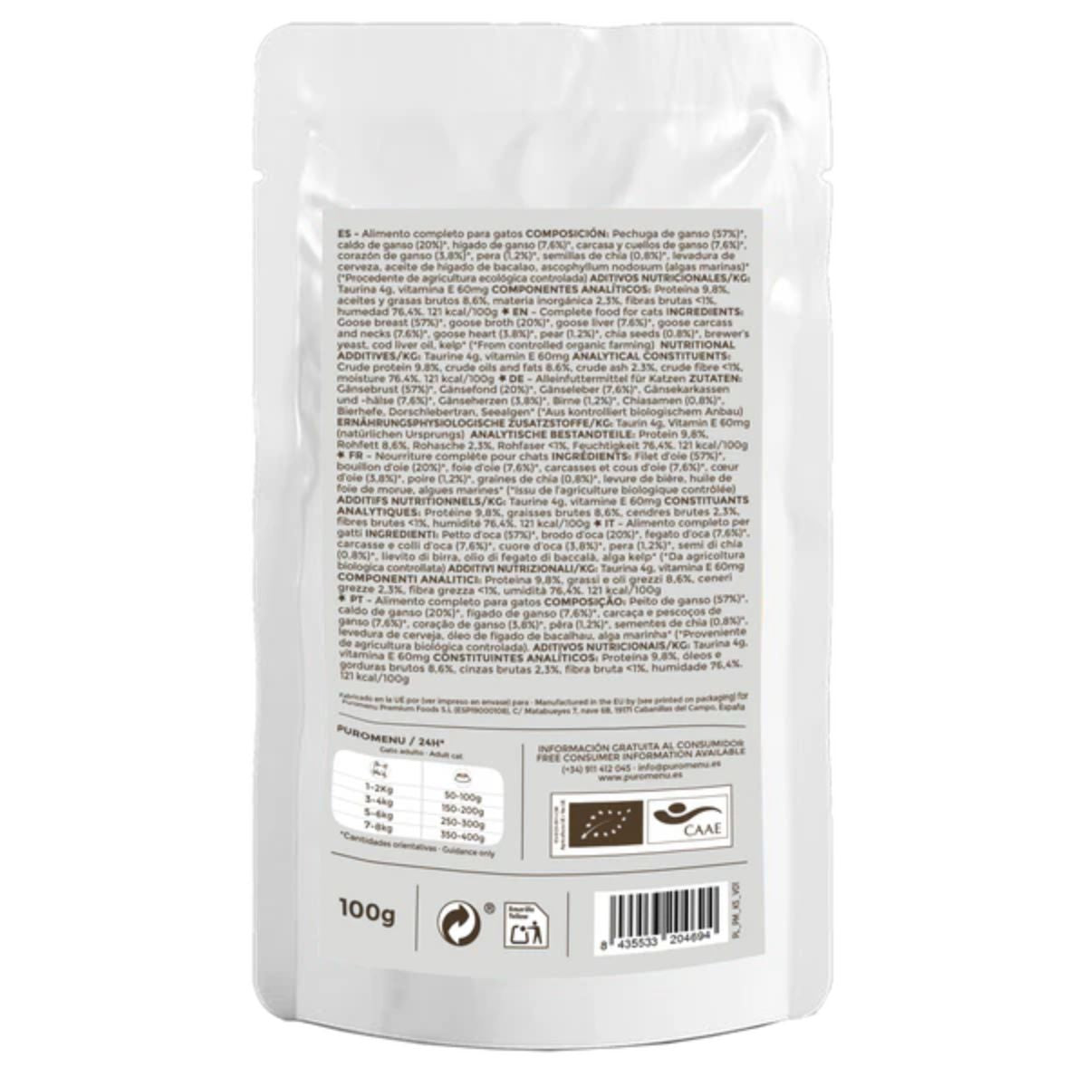 Comida húmida para gatos Barf Paws of Love BIO (Ganso) Puromenu 100 g