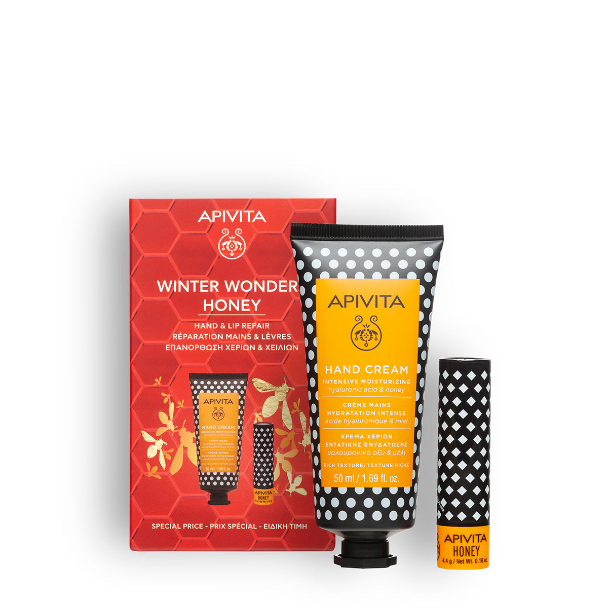 Caixa de Presente de Natal Creme de Mãos com Mel + Cuidado Labial, Apivita, 4,4 g