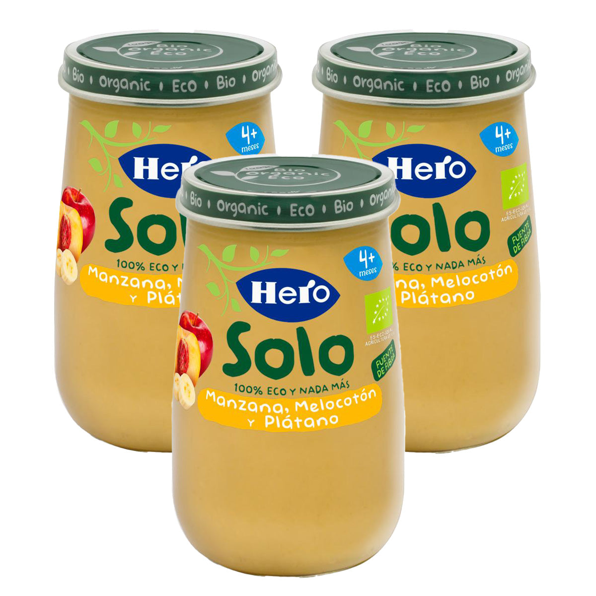 Pack de 3 frascos de Maçã, Pêssego e Banana Eco 190 g - Hero Baby