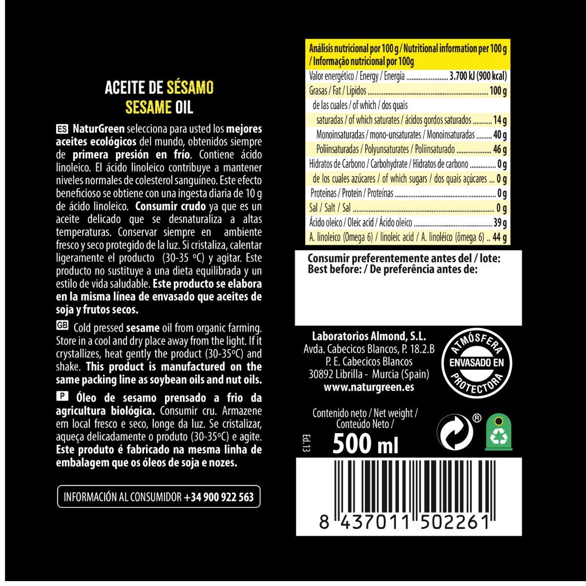 Óleo de sésamo biológico NaturGreen.