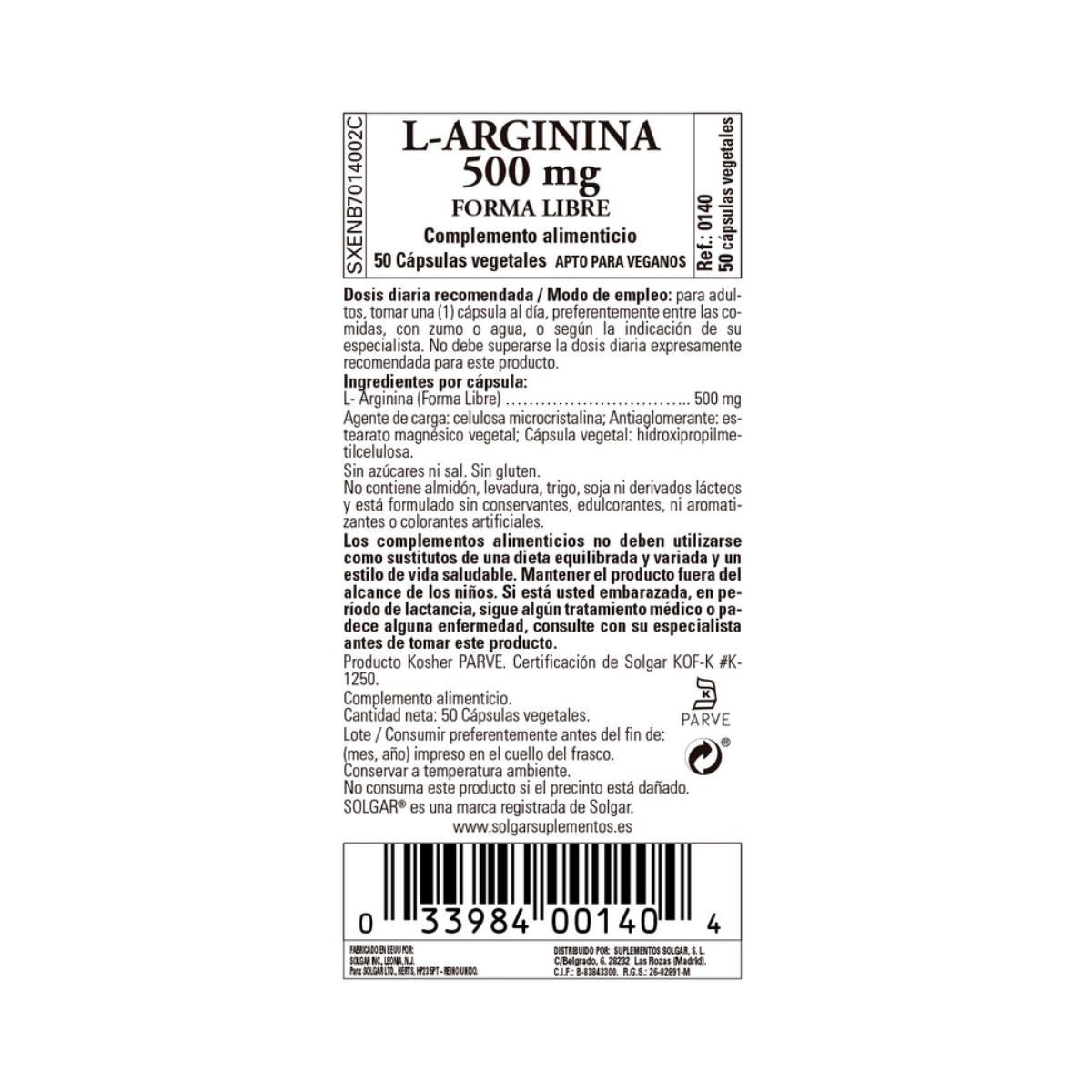 L-Arginina, 50 cápsulas vegetais de 500mg