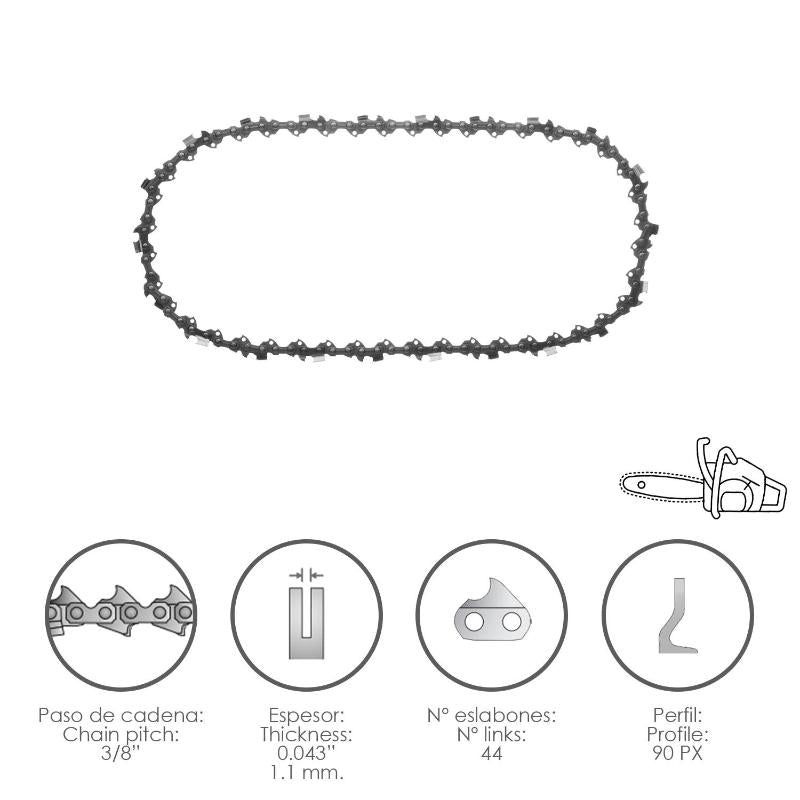 Cadena Motosierra 3/8 / 0.043 1,1 Mm. / 44 Eslabones / 90 Px