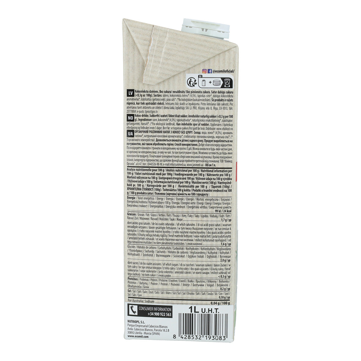 Bebida Vegetal de Coco Ecomil BIO Classic Nature 1 L