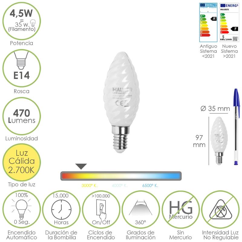 Bombilla Led Filamento Vela Esmerilada E14. 4,5 Watt. Equivale A 35 Watt. 470 Lumenes. Luz Calida 2700º K.