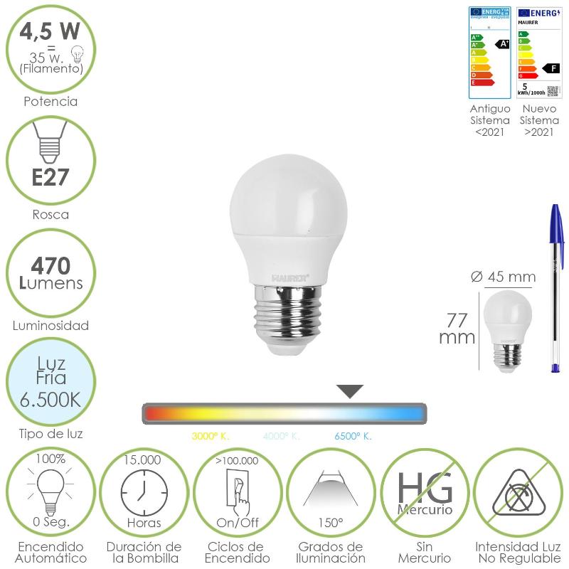 Bombilla Led Esferica Rosca E27 4.5 Watt. Equivale A 55 Watt. 470 Lumenes. Luz Fria (6500º K)_0