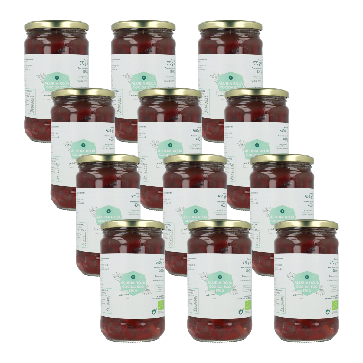 Embalagem de 12 Feijões Vermelhos Cozidos Biológicos Planeta Huerto 570 g