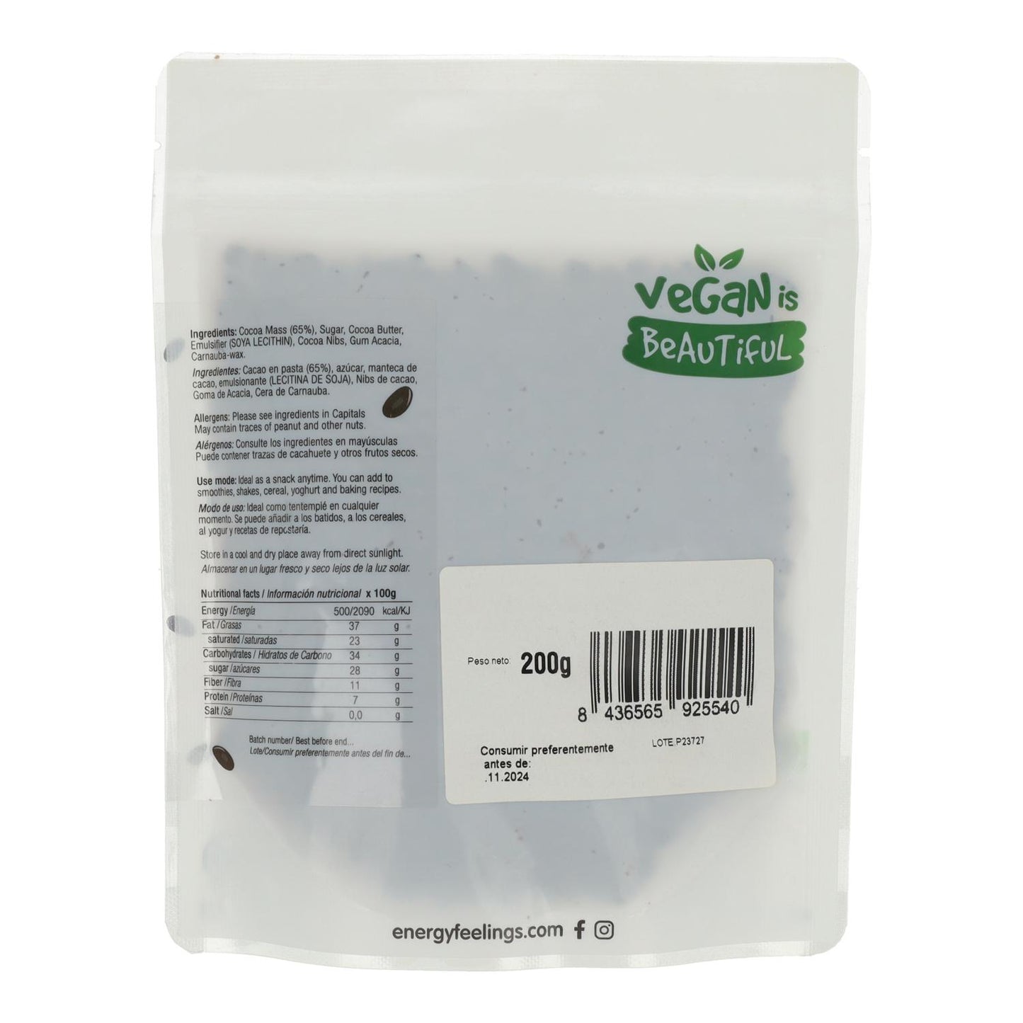 NIBS COBERTOS DE CHOCOLATE: (200 g) Doypack