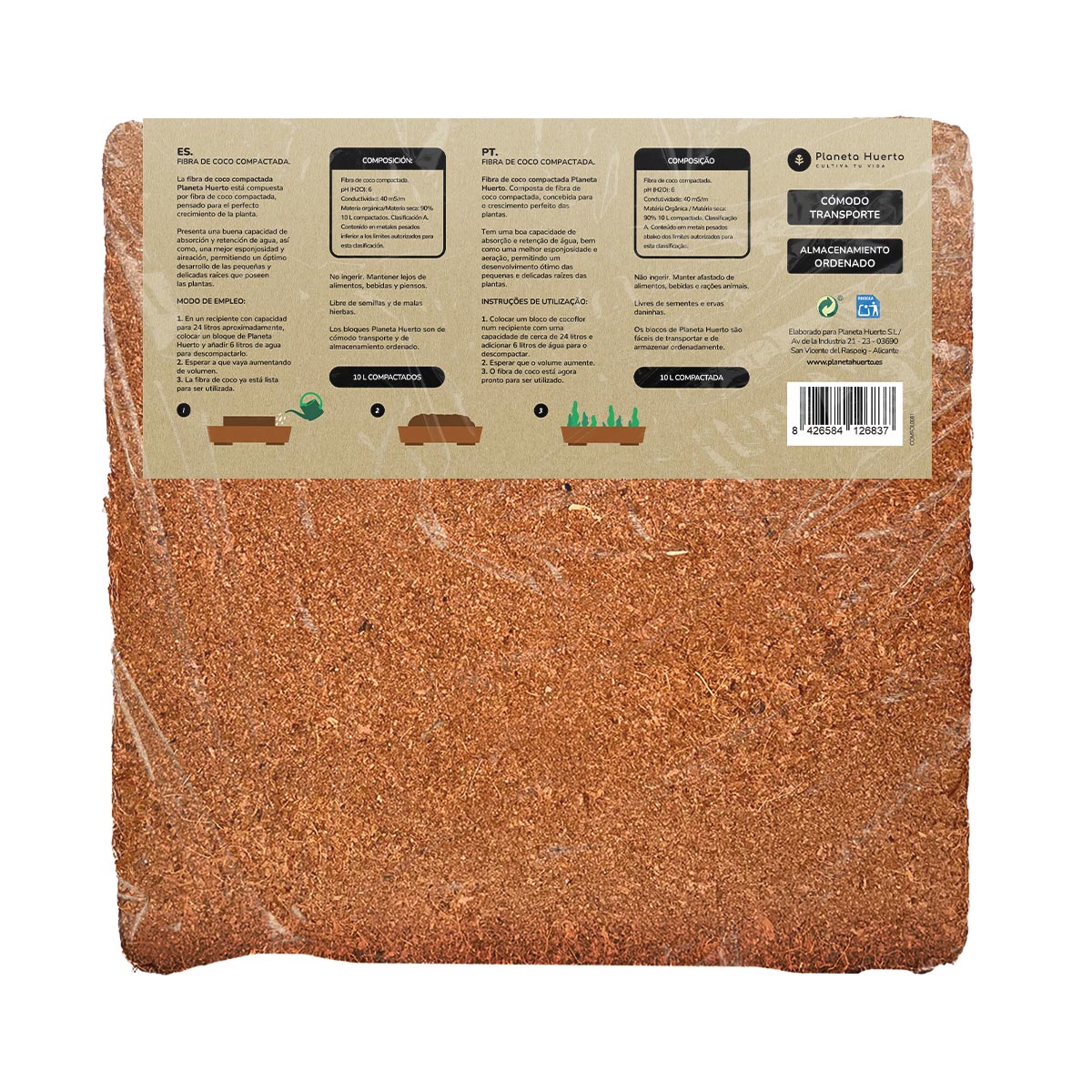 Embalagem com 3 substratos de fibra de coco Planeta Huerto 70 litros
