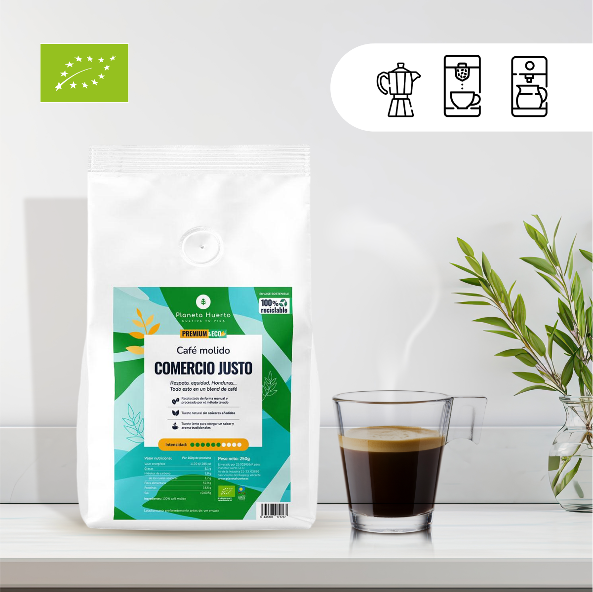 Café moído Eco Honduras comércio justo Planeta Huerto 250 g