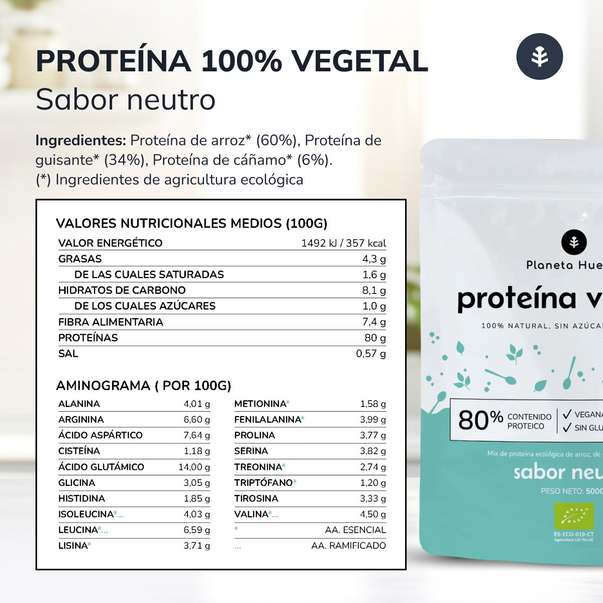 Proteína Vegetal Neutra ECO 80% Planeta Huerto 500 g