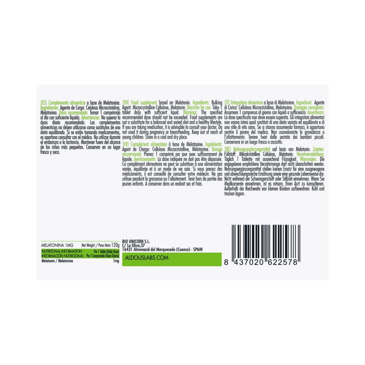 Melatonina Pura, 500 comprimidos. Laboratórios Aldous