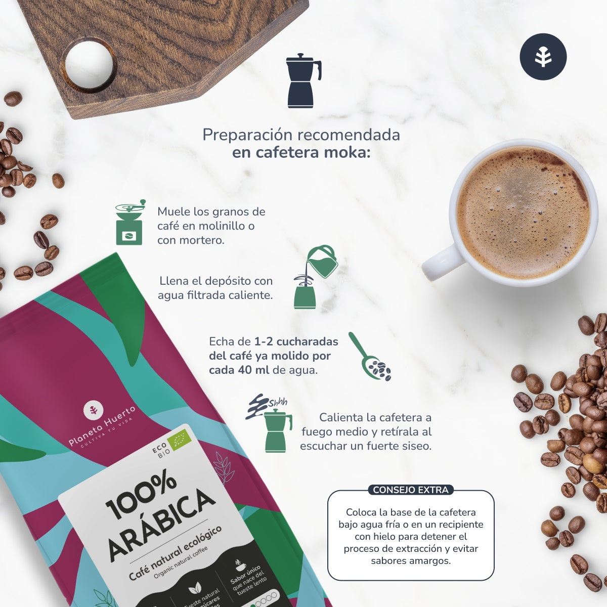Embalagem com 3 grãos de café ecológico 100% arábica Planeta Huerto 1 kg