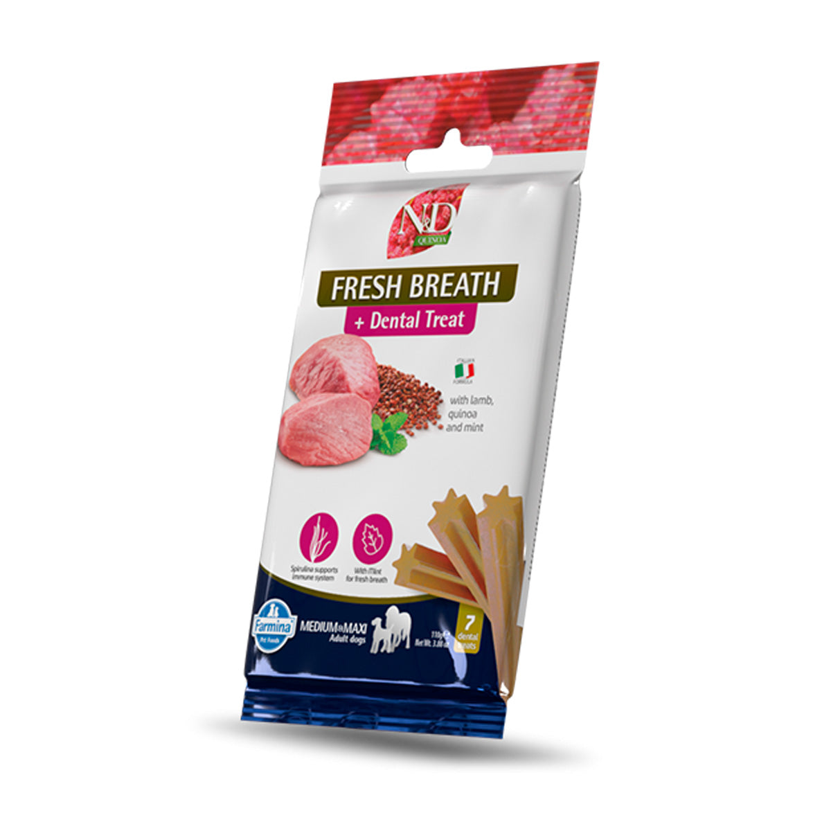 N&D Quinoa Canine Dental Treat Fresh Breath raças médias/máximas 100g 7 unidades