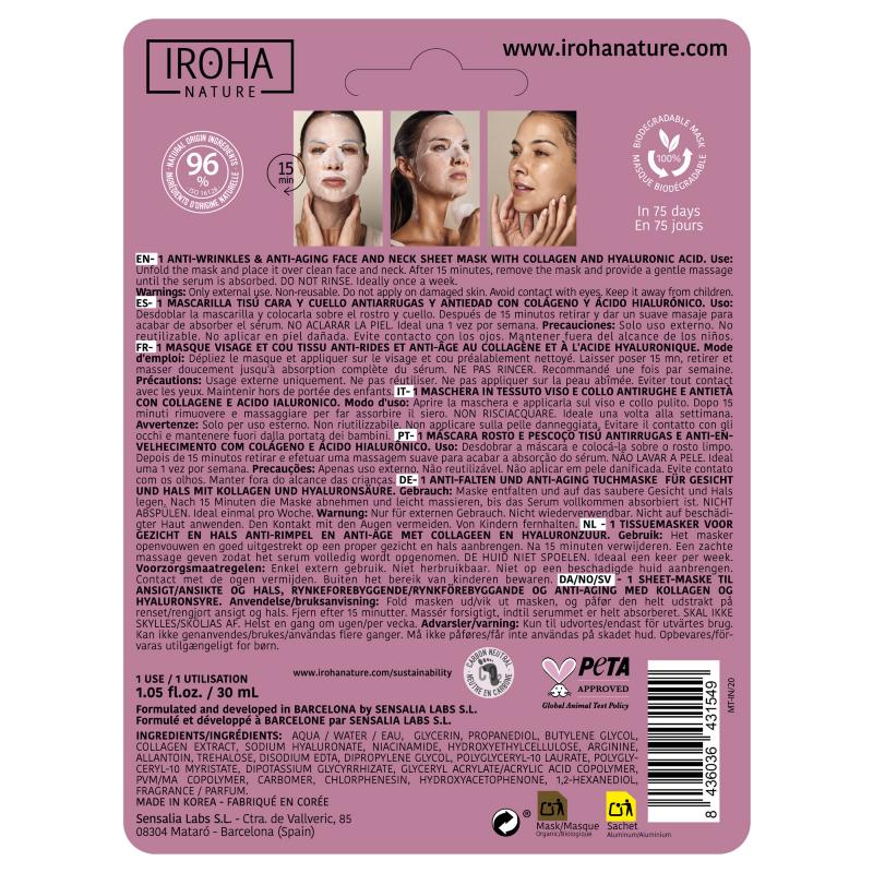 Máscara Facial e Pescoço Antirrugas e Anti-envelhecimento com Colagénio Iroha Nature 30 ml