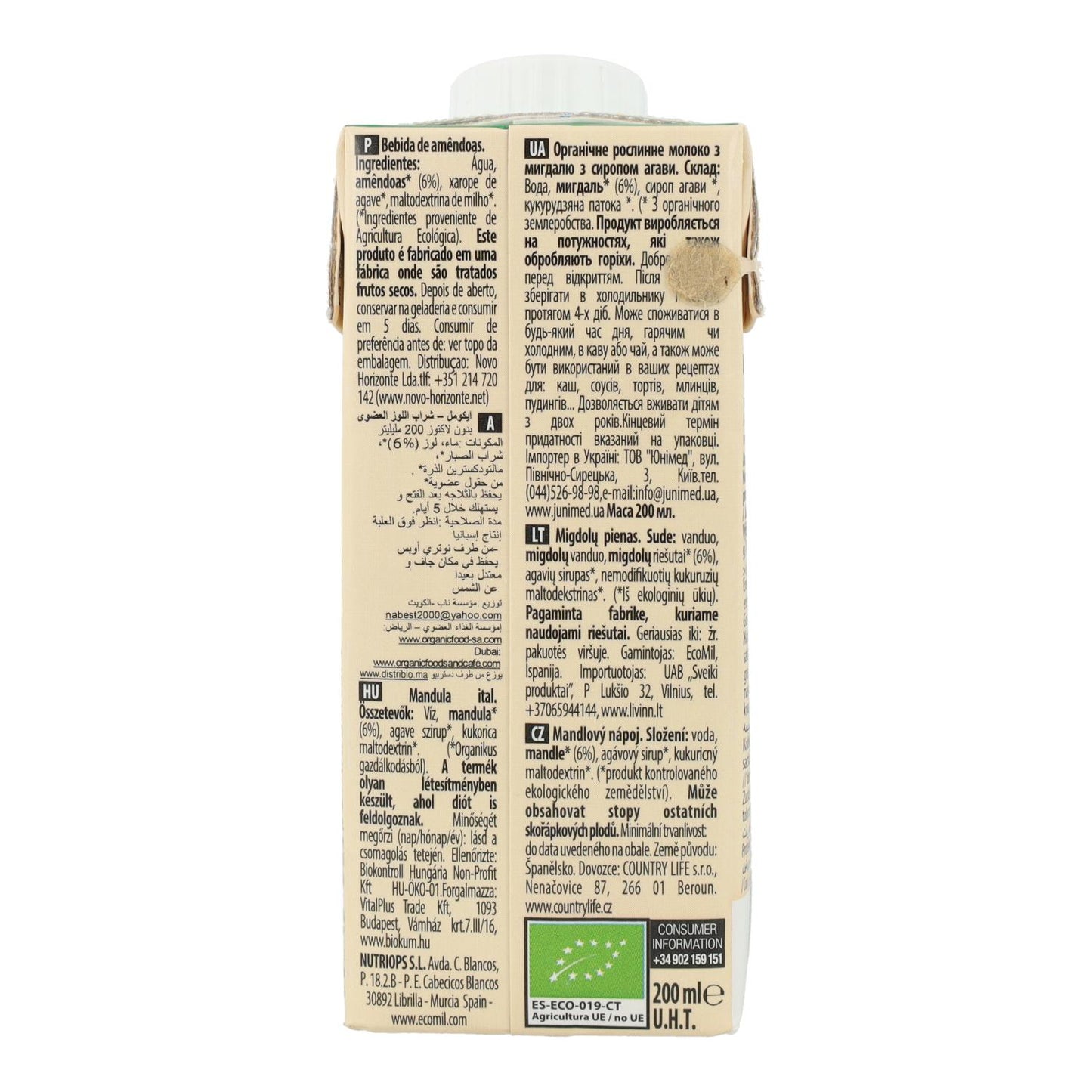 Bebida Vegetal de Amêndoa adoçada com Agave Orgânico EcoMil 1 L